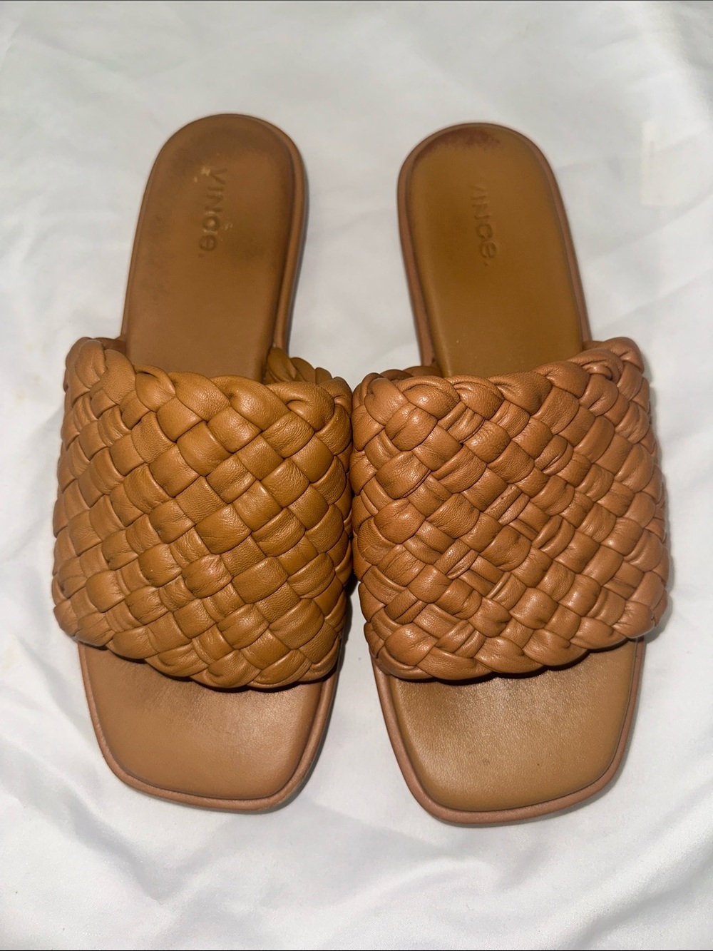 Vince Woven Leather Slide Sandals Camel Tan Women’s Size 7.5 Luxe